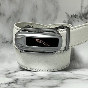 White Leather Ratchet Belt Automatic‎ Metal Square Buckle Adjustable Dress Jeans